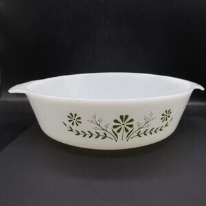 Glasbake Round Casserole Dish 9" Green Daisy 438 Vintage 1970s Made in USA